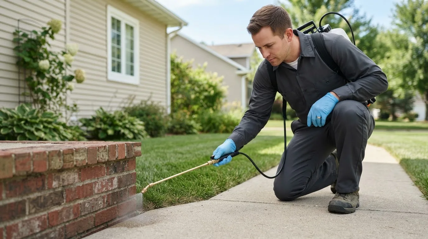 Pest control technician treating a home near Camby, IN